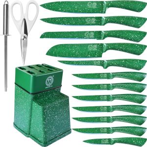 Oayew-Authentic Since 1986,Knife Block Set,Stainless Steel Kitchen Knife Set With Knife Holder, Green Handle,Japanese Chef Knife Set,Steak Knives, Paring Carving Bread Slicing Knife - Neuf