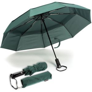 Parapluie De Voyage Coupe-Vent &Agrave; Double Toile - Rev&ecirc;tement En T&eacute;flon, Poign&eacute;e Ergonomique Et Housse De Protection - Design Compact, Pliable, L&eacute;ger Et Haute R&eacute;sistance Au Vent (Vert For&ecirc;t) - Neuf