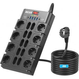 18 Prises Multiprise Parafoudre avec Interrupteur (3680W/16A) et 2100J Multiprises Parafoudre et Surtension+C&acirc;ble 4M, Prise Multiple et 4 USB-A +2 USB-C(15W), Prise Electrique avec Terre,Noir - Neuf