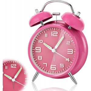 KAL-Réveil À Double Cloche, Reveil Analogique Silencieux Avec Veilleuse Et Aiguilles Lumineuses, Réveil De Style Vintage, Réveil Cloche Pour Chambre À Coucher, Salon, Cuisine, 15×11.5Cm (Rose) - Neuf