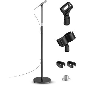 Support de Microphone-Pied de Micro Universel avec Base Ponderée Compacte,2 Clipss Universels,Hauteur Réglable de 55 à 170 cm Pour Karaoké,Spectacles,Animations en Extérieur et Scènes - Neuf