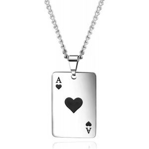 Kal-As De Pique Collier Pendentif Pour Homme, Acier Inoxydable Punk Ace Carte Poker Hip Hop Unisexe Bijoux Petit Coeur Poker Carte Pendentif Avec Cha&icirc;ne De 24 Pouces - Neuf