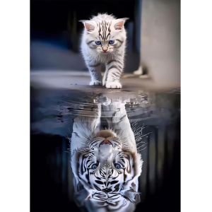 Ayuhr-Chat Et Tigre Peinture Diamant Kits, 5d Bricolage Diamond Painting Complet Reflet De Chat, Diamant Strass Point De Croix Cristal Painting Pour Murale Décoration 30x40cm - Neuf