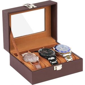 Kal-Boîte À Montres À 3 Emplacements, Coffret À Montre En Pu, Écrin À Montre Avec Couvercle En Verre, Amovibles Coussinets Boîte De Rangement Pour Montres Bijoux Femme Homme, Brun - Neuf