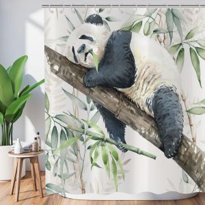 Rideau de Douche drôle 150x180 cm,Aquarelle drôle Panda Paresseux Mangeant des Feuilles de Bambou Vertes Blanc Lavables Textile Rideau de Bain imperméable pour Baignoire - Neuf