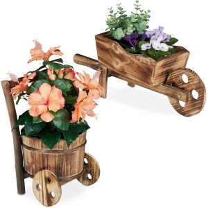 NouvelHorizonstore-Brouette pour Plantes, Jeu de 2, Bois br&ucirc;l&eacute;, Jardin d&eacute;coration, Design Vintage, HxlxP - Neuf