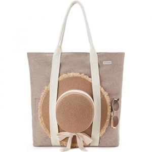 Sac de Plage Femme avec Porte-Chapeau Fermeture &Eacute;clair en Lin Beige Format XXL Grand Sac &agrave; Main pour Voyage et Piscine - Neuf