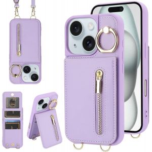 Maa-Coque Pour Iphone 13/14 Coque Etui Avec Sangle Réglable Portefeuille En Cuir Anti-Rfid Pochette Magnétique Flip Case Étui Cover Housse Protection Avec Anneau-Violet - Neuf