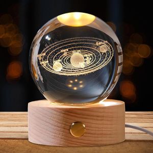 KALANKA-Veilleuse boule de cristal Veilleuse 3D en forme 3D syst&egrave;me solaire plan&egrave;tes boule de cristal avec socle en bois D&eacute;coration fantaisie de chambre - Neuf