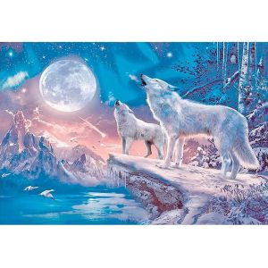 Oayew-Peinture Diamant Carr&eacute;e Loup 50x40cm - Perles Carr&eacute;es, Paysage Hiver, Lune - Broderie Diamant - Neuf