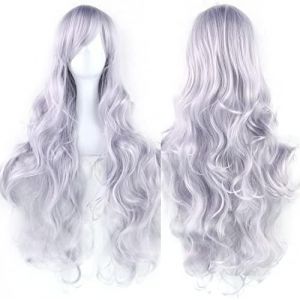 Kalanka-80cm Longue Perruque De Cosplay De Cheveux Naturels Boucl&eacute;s Avec Une Frange Color&eacute;e Halloween Costume Party Perruques Pour Les Femmes (Gris Argent&eacute;) - Neuf