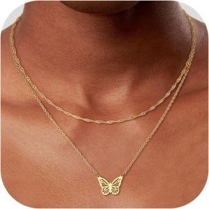 Tianyi-Collier Pour Femme, Collier En Or 14 Carats, Colliers Superposés En Or, Collier Avec Pendentif Trombone, Fleur, Papillon, Soleil,Ensemble De Colliers Cadeaux Pour Femmes Et Filles - Neuf