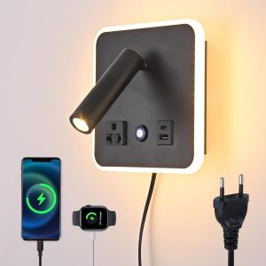 Senior-Applique Murale À Intensité Variable Avec Interrupteur Tactile, Lampe De Chevet Murale, Lampe De Chevet Multifonction, Avec Ports Usb C + A (Noir(Carré))[L2734] - Neuf