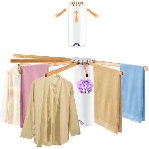 KGABERY-Étendoir À Linge Mural En Bois De Pieuvre,7 Tiges Pliables Et Peu Encombrantes Pour Linge/Chambre/Balcon (Bois De Hêtre) - Neuf