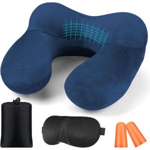 Trahoo-Coussin De Voyage Gonflable Pour Avion Avec Bouchons D'oreilles, En Velours Doux, Ergonomique, Pour Bureau, Avion, Voiture, Voyage, Camping, Repos De Sommeil (Bleu) - Neuf