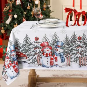 Nappe De Noel Rectangulaire Anti Tache 180x140 Cm Blanche Nappes No&euml;l Avec Un Bonhomme De Neige Traditionnel Des Flocons De Neige Et Un Sapin De No&euml;l Pour Anniversaire,Jardin,Exterieur - Neuf
