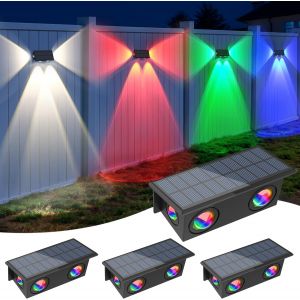 Applique Solaire Ext&eacute;rieur Rgb, 7 Couleur Applique Murale Solaire Avec 4 Leds, Changement De Couleur Lampe Exterieur Solaire, Ip65 &Eacute;tanche Pour Cl&ocirc;ture, Escaliers, Balcon, 4 Pi&egrave;ces - Neuf