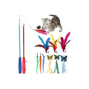 Ensemble De Jouets Interactifs Pour Chat Avec Baguette T&eacute;lescopique Et Plumes De Rechange - 11 Pi&egrave;ces - Neuf
