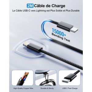 MNUUZ-Chargeur Rapide for iPhone, 25W Prise USB C for iPhone 14/14 Plus/14 Pro/14 Pro Max/13/12/11/SE/Mini/X/XS/XR SE 8 7 6 6S, USB C Prise et 2M Cable Secteur C-to Lightning Mural Alimentation Adapt - Neuf