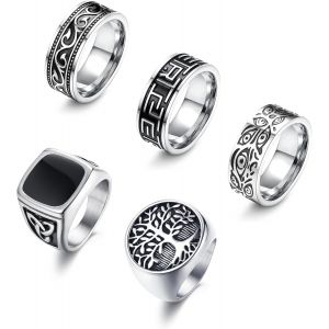 Tianyi-5 Pièces Bague En Acier Inoxydable Pour Hommes Set Bague De Signet Grec Pouce Argent Rétro Sculpture Celtique Bague De Bande Vintage Biker Set - Neuf