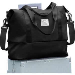 nzqaf-Sac de Voyage Femme Sac fourre-Tout de Sport Imperméable pour Week-End, Cabine Avion Ryanair Bagage Cabine 40x20x25 Easyjet 45x36x20 Extensible pour Travel Gym Danse,I1-Noir - Neuf