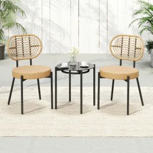 Ensemble 3 Pcs Table Et Chaises De Jardin Costway, Fauteuils En R&eacute;sine Tress&eacute;e Pe, Table Basse En Verre Tremp&eacute;, Ext&eacute;rieur Int&eacute;rieur - Neuf