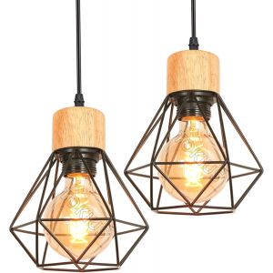 Subzonal-Suspension Luminaire Vintage Industrielle Lustre Abat-Jour En M&eacute;tal Et Bois &Oslash;160mm Plafonnier E27 Avec Bois R&eacute;tro Pour Salon Cuisine Chambre (2pcs) - Neuf
