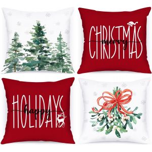 Cauc-Lot De 4 Housse De Coussin Noel 50x50 Cm, For&ecirc;t Hiver Taie D'oreiller Parure De Oreiller De D&eacute;coration De Lit Noel Deco 50 X 50 Pour Chambres Canap&eacute; No&euml;l Decoration (Rouge) - Neuf