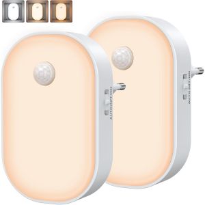 Eryi-Veilleuse Prise Electrique[Lot De 2], Chaud/Blanc/Mixte Veilleuse Detecteur De Mouvement Dimmable, Veilleuse Enfant Led(On/Auto/Off) À Capteur Crépusculaire Pour Chambre,Cuisine,Escalier,Armoire - Neuf