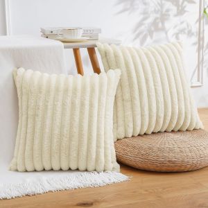 CAUC-Lot de 2 housses de coussin d&eacute;coratives carr&eacute;es en fausse fourrure de lapin pour canap&eacute;, chambre &agrave; coucher, 40 x 40 cm, blanc ivoire - Neuf