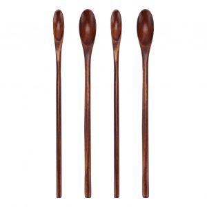 Lot De 4 Cuilleres A Cafe En Bois A Long Manche, Naturelles, Lisses, Sans Bavure, Robustes, Durables, Vintage, Resistantes A La Chaleur - Neuf