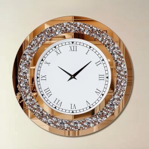 ChenQuanSarl-Grande Horloge Murale Silencieuse 80Cm Marron Diamand Horloge Murale Design Moderne Cristale Pendules Murales Ronde En Miroir Horloge Murale Geante Décoratif Montre Murale Salon Chambre - Neuf