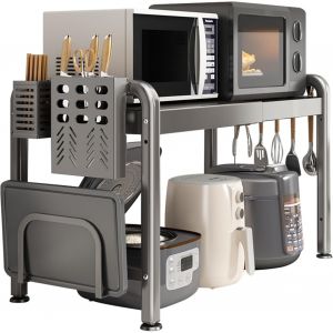 Support Extensible Pour Four &Agrave; Micro-Ondes Avec Support De Planche &Agrave; D&eacute;couper Et 6 Crochets - &Eacute;tag&egrave;re R&eacute;glable Pour Ustensiles De Cuisine - Organiseur Pour Grille-Pain,Four Et Machine &Agrave; Pain - Neuf