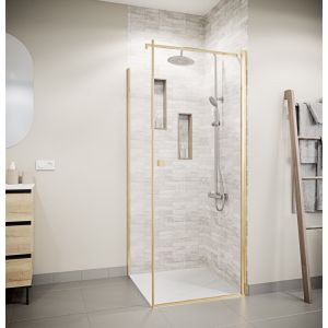 Porte de Douche Pivotante 70x180cm et Retour 80cm - Verre 8mm Anticalcaire - Profil Or Brosse - Neuf