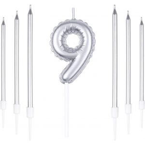 ERYI-Lot De 9 Bougies D'Anniversaire Argentées Dont 6 Longues Pour 9Ème Anniversaire Et Fêtes - Neuf