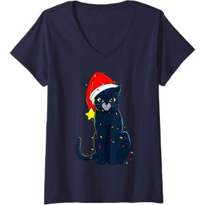 Femme Chat Noir Arbre De No&euml;l Lumi&egrave;res Vacances Chats Amant Cadeau T-Shirt Avec Col En V - Neuf