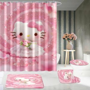 1/4 Hello Kitty Dessin Anim&eacute; Mignon Rideau De Douche Ensemble De Salle De Bain,Tapis De Sol Antid&eacute;rapant,Tapis De Sol En Forme De U,Si&egrave;ge De Toilette,Accessoires De Salle De Bain.12. 90x 180 Set - Neuf