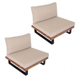 Lot De 2 Fauteuils Lounge Bas Avec Coussins &Eacute;pais Cr&egrave;me En Aluminium Et Bois D Acacia Marron Avec Coussins 04_0009396 - Neuf