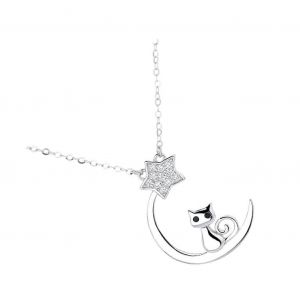 Collier Lune &Eacute;toile, Bijou Croissant De Lune Pour Femme, Argent 925, Pendentif Chat C?ur Et Strass, Cadeau De No&euml;l - Neuf