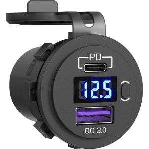 Prise de Chargeur de Voiture USB C 48W,Prise de Voiture 12V/24V PD&QC 3.0 avec Voltm&egrave;tre &agrave; LED et Interrupteur Chargeur de Voiture Rapide pour Voiture,Bateau,Camion,Golf,Moto - Neuf