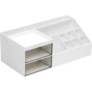 Organisateur Maquillage Blanc - Rangement Produit de Beauté & Fournitures de Bureau Multifonction pour Meuble, Commode & Salle de Bain - Compartiments avec Séparateurs & 2 Tiroirs - Neuf