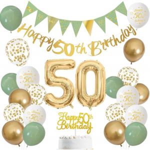 CAUC-D&eacute;coration d'anniversaire 50 ans, pour hommes et femmes, ballons vert sauge, blancs et dor&eacute;s avec banni&egrave;re &laquo; Happy Birthday &raquo;, ballon chiffre 50, et d&eacute;coration de g&acirc;teau pour f&ecirc;te d'anniversaire - Neuf