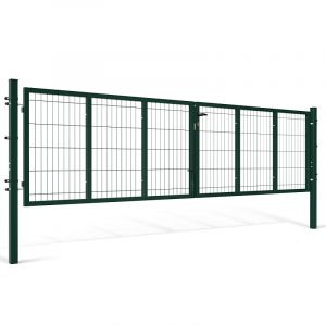 Portail De Jardin Double Battant - 350x100cm Vert- Portillon Grillag&eacute; - Avec Poign&eacute;e, Serrure, Cl&eacute;s Et Verrouillage Au Sol - Acier Galvanis&eacute; - Neuf