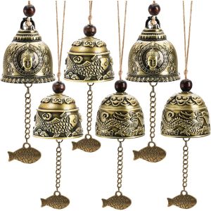 MEVRONISSHOP-Lot de 6 Cloches Fengshui Vintage - Carillons à Vent Porte-Bonheur - Dragon Poisson Bouddha - pour Maison, Jardin, terrasse, Porte de Voiture ou décoration - Neuf