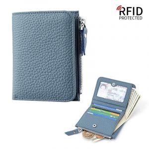 HUED-Petits portefeuilles RFID en cuir véritable pour femmes, poche à monnaie zippée, porte-monnaie à deux volets courts, porte-cartes multiples, mode-Blue - Neuf