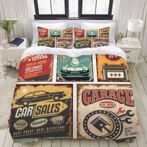 Vintage Art Nostalgique Auto Service Garage Funk Style Autoroute Logo R&iquest;&iquest;Paration Route Grunge Design&pound;&not;Parure De Lit Pou Housse De Couette (X) Et Taies D'oreiller Pour Lit - Neuf