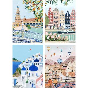 Ayuhr-Lot De 4 Diamond Painting Ville Affiche 30x40cm Peinture Diamant Ville Bord De Mer Affiche Voyage En Ville Pays-Bas Espagne Grèce Turque Diamond Painting Paysage Grece Artisanat Décor - Neuf