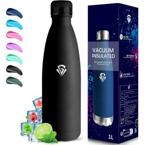 Gourde- 1l- Gourde Isotherme, Sans Bpa, Gourde Inox, 24h Froid & 12h Chaud, Bouteille Isotherme, Anti Fuite, Facile À Transporter, Bouteille D'eau Pour Bureau, Gym, Voyage, Camping, Sport, Noir - Neuf