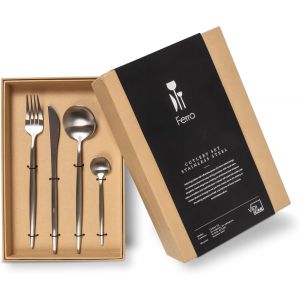 Ferro Set De Couverts Argent Poli | Service De Table 6 Personnes | Couverts De Luxe 24 Pièces | Cuillères,Fourchettes,Couteaux,Cuillères À Café | Acier Inoxydable | Passe Au Lave-Vaisselle - Neuf
