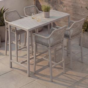 Ensemble table de bar + 4 tabourets de bar HWC-P91, chaise de bar, table haute, coussin d'assise d'ext&eacute;rieur, tressage en corde, m&eacute;talgris clair - Neuf